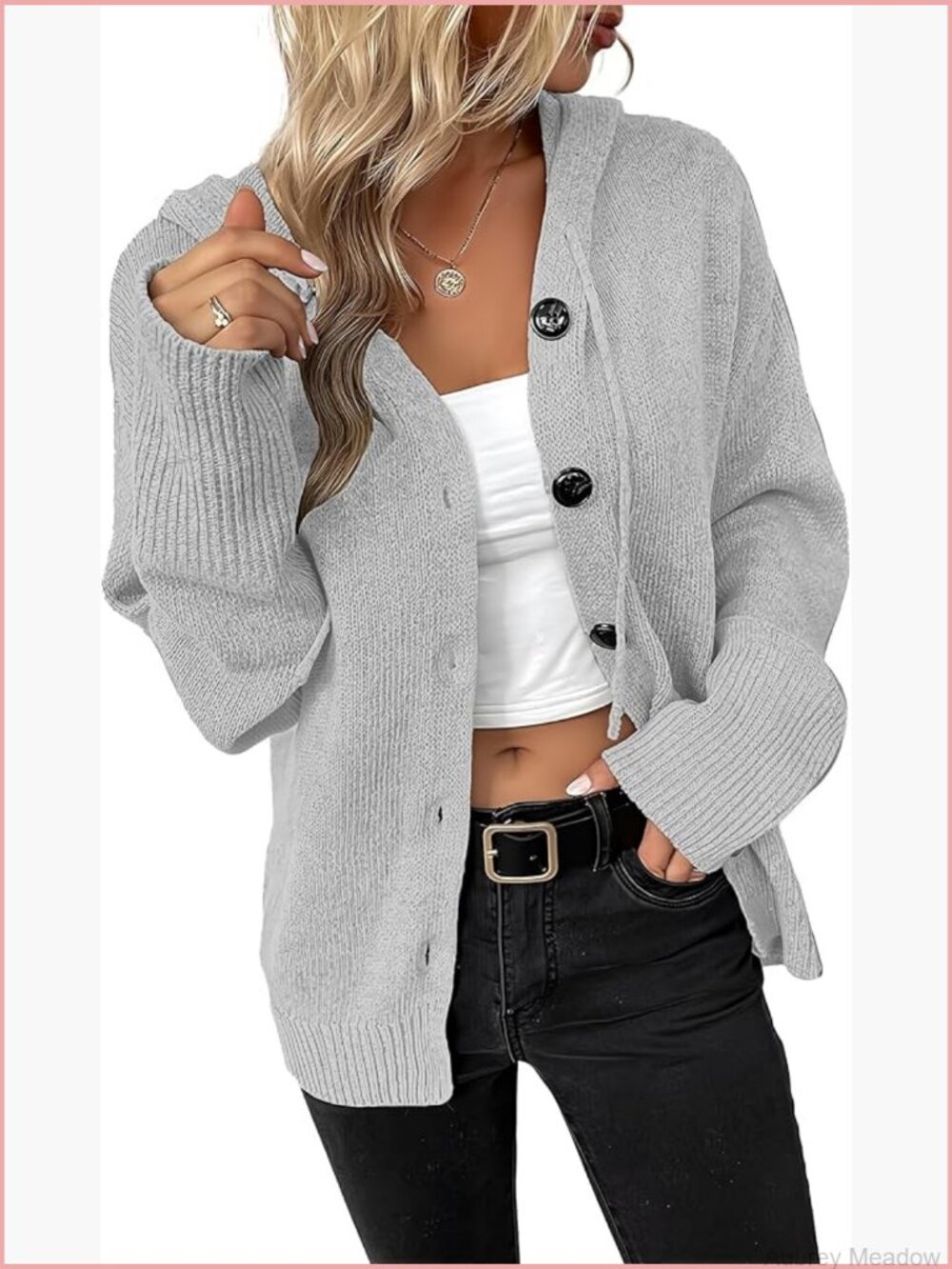 V Neck Button Down Hooded Knit Cardigan Long Sleeve Sweater - Picture 1 of 7